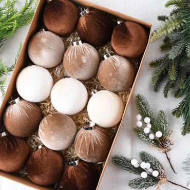 Brown Velvet Christmas Tree Ornaments - 15pcs Shatterproof Christmas Balls for Xmas Trees Decorations - Multicolor Brown Neutral Beige, 80mm 3.15inch