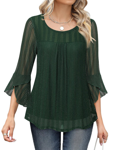 Bebonnie Women's Ruffle 3/4 Sleeve Elegant Dressy Blouses Crew Neck Double Layers Mesh Tunic Tops