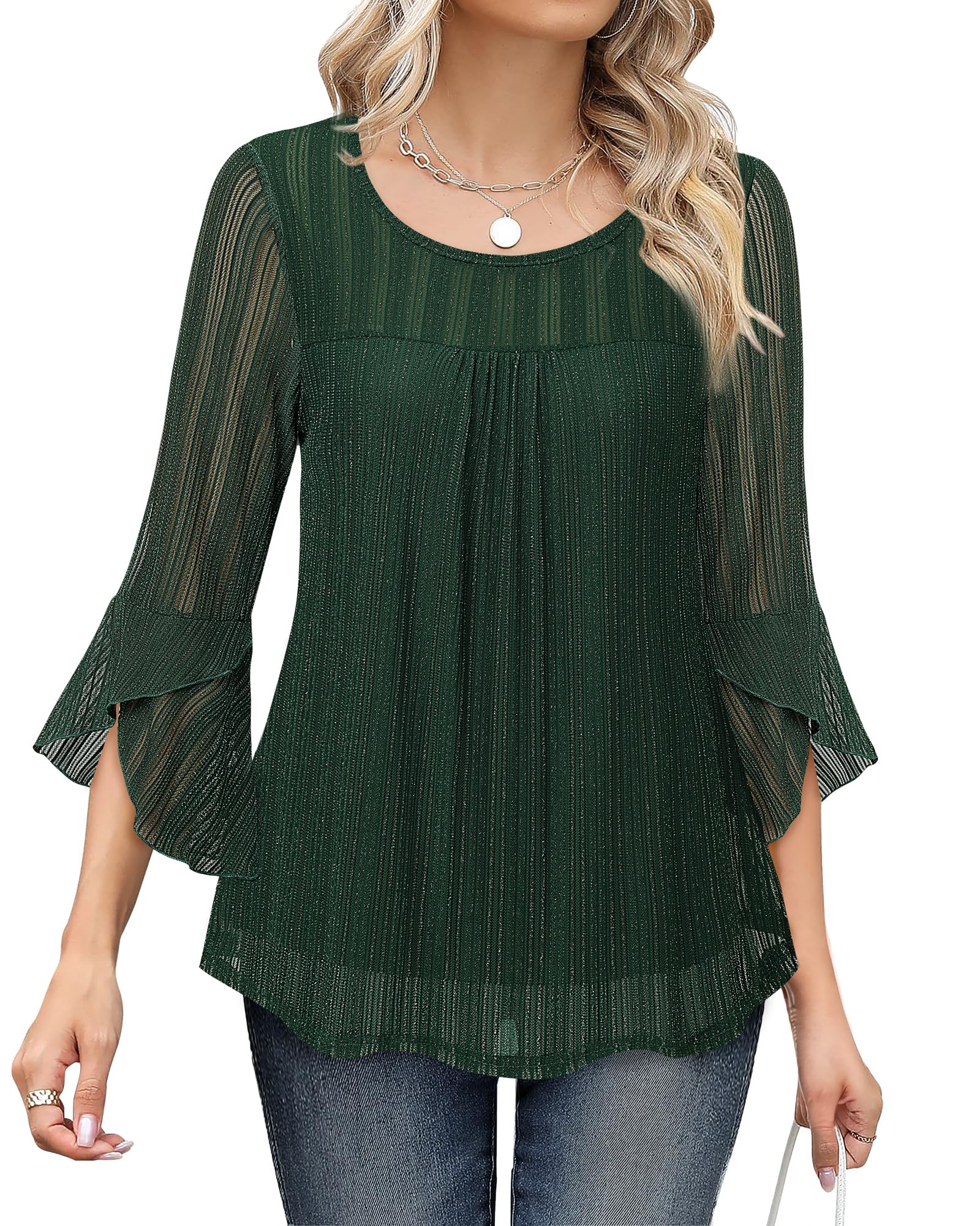 Bebonnie Women's Ruffle 3/4 Sleeve Elegant Dressy Blouses Crew Neck Double Layers Mesh Tunic Tops