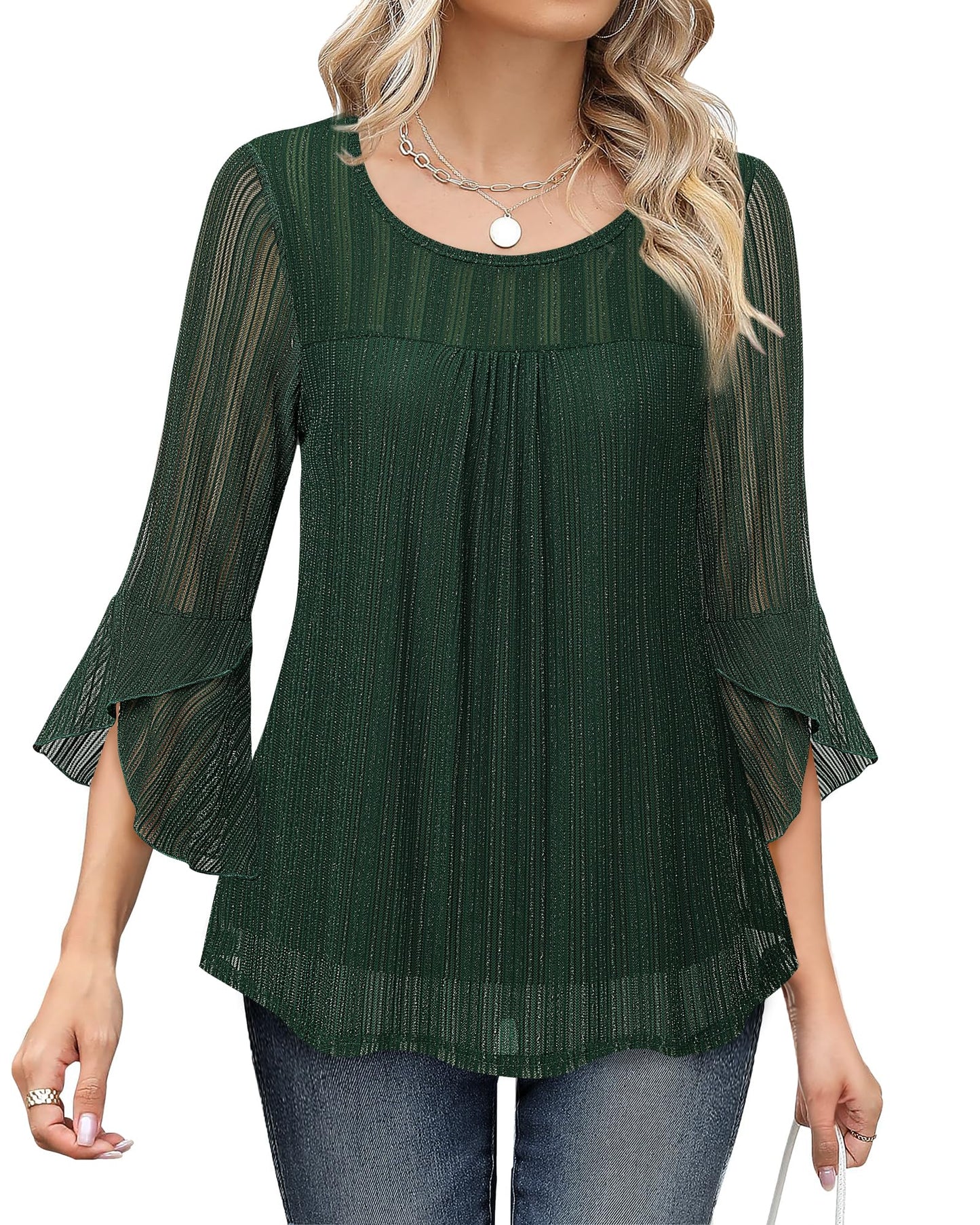 Bebonnie Women's Ruffle 3/4 Sleeve Elegant Dressy Blouses Crew Neck Double Layers Mesh Tunic Tops
