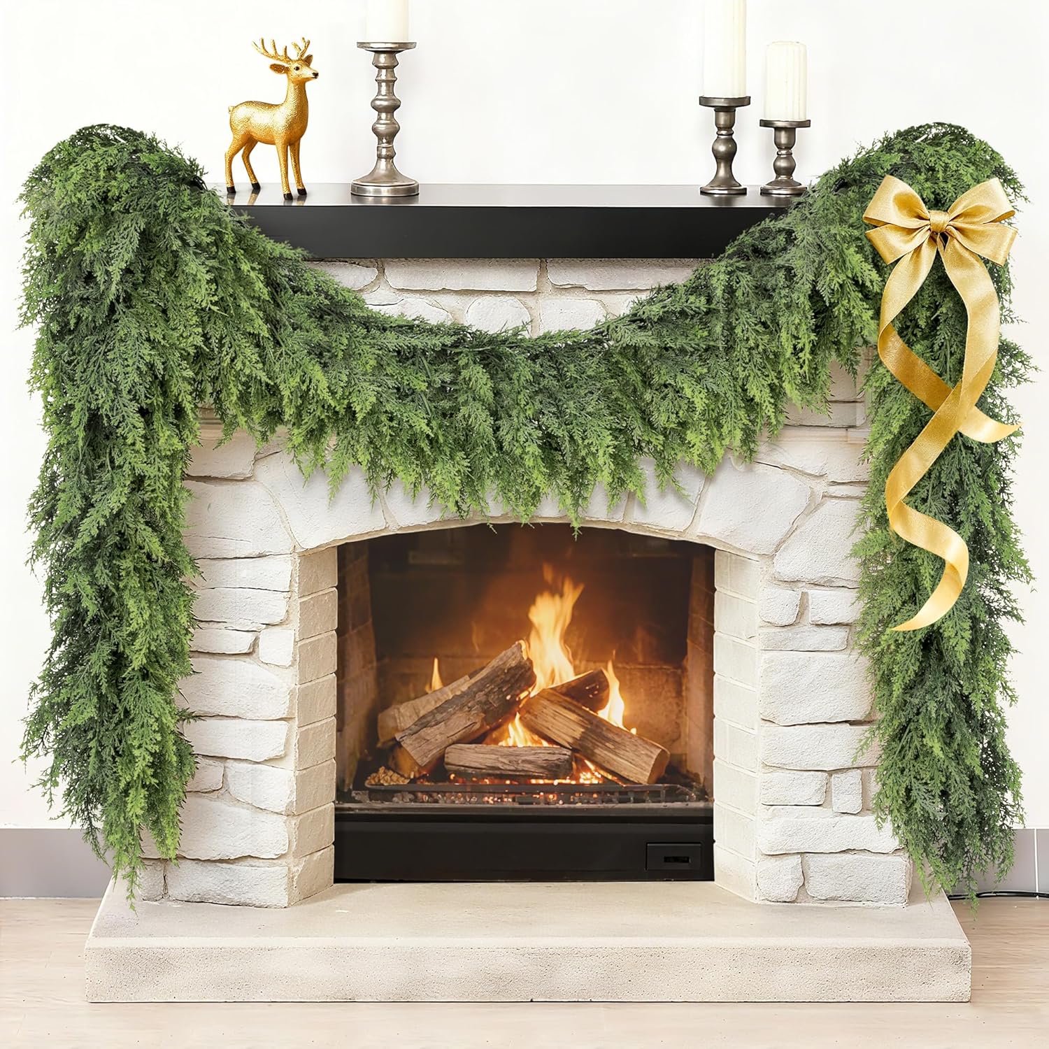 Christmas Garland Real Touch Cedar Garland Christmas Decorations 6 ft Soft and Lush Realistic Faux Pine Garlands for Mantle, Table, Stairs, Doorframe, Fireplace Indoor Outdoor Holiday Decorations