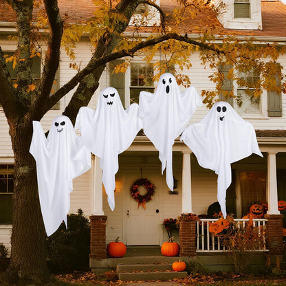 4 Pack Halloween Hanging Ghost Decorations, 27.5" Light Up Spooky Floating Ghosts with Blue LED, Outdoor & Indoor Haunted House, Porch, Yard, Party Decor, Patio Lawn Garden