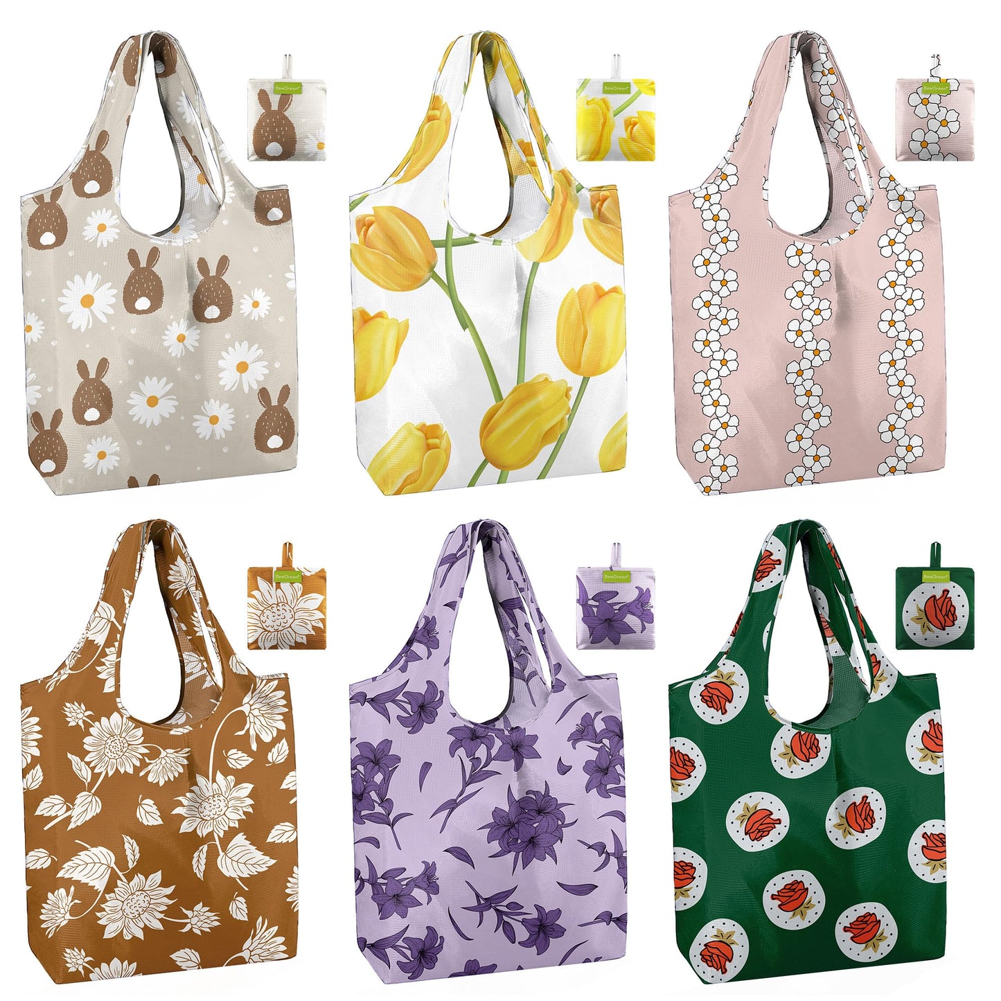 BeeGreen Christmas Reusable Gift Bags,6 Pack Large Holiday Tote Foldable Cloth Bag for Women, Cute Grocery Storage for Xmas Gifts Market Shopping, Washable Collapsible Reusable Bags with Handles​