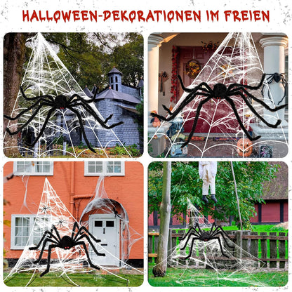 BOSONER Halloween Decorations Outdoor Spider Webs: 1Pcs Giant Spiders - 200'' Triangular Web with Hook - Stretch Web and Ground Stakes for Large Halloween Decor and Haunted House Decoration