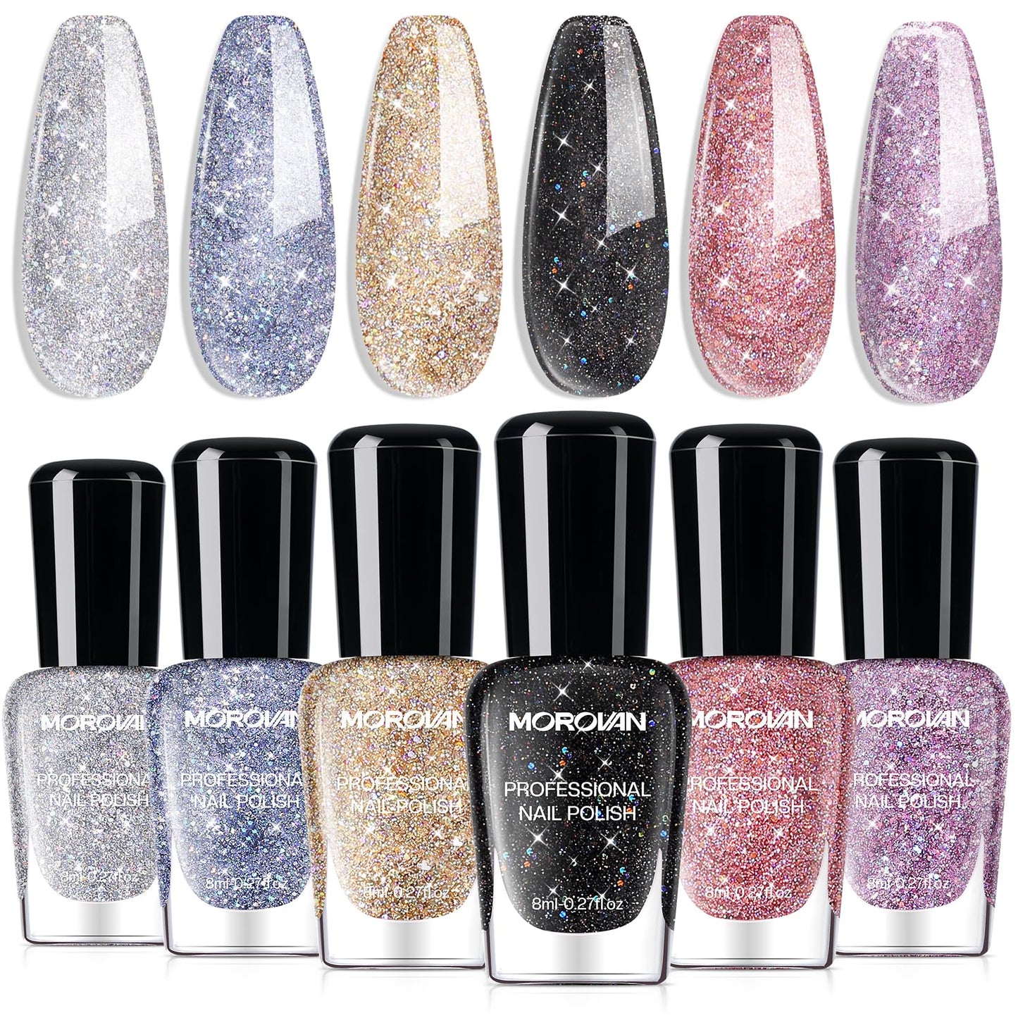 Morovan Christmas Nail Polish Set: 2025 Glitter Red Green Gold Silver Fingernail Polish Kit with Sticker Winter Quick Dry Regular Nail Polish Pack Manicure Gifts for Women Girls Holiday Party