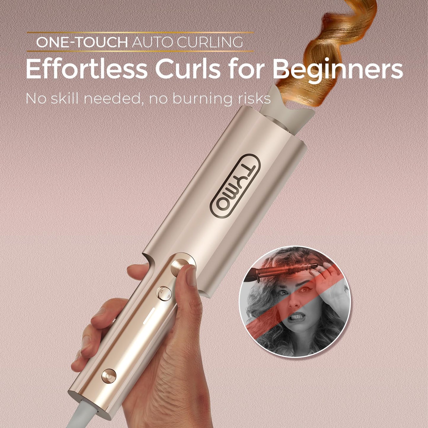 Upgraded Automatic Rotating Curling Iron - TYMO CurlPro Plus Long Barrel Curling Wand for Long Hair, Ceramic Hair Curler for Women, Anti-Scald, Tangle-Free, 600M Ionic, Dual Voltage, Gold, 1 Inch
