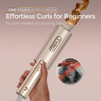 Upgraded Automatic Rotating Curling Iron - TYMO CurlPro Plus Long Barrel Curling Wand for Long Hair, Ceramic Hair Curler for Women, Anti-Scald, Tangle-Free, 600M Ionic, Dual Voltage, Gold, 1 Inch