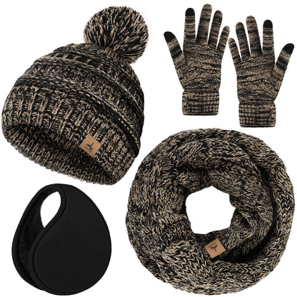 Winter Hat Scarf Gloves and Ear Warmer, Warm Knit Beanie Hat Touch Screen Gloves Set Winter Gifts Neck Scarves for Women