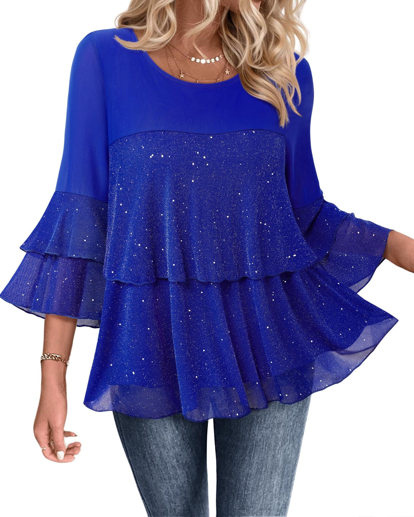 Bebonnie Womens Dressy Sparkly Tops 3/4 Sleeve Ruffles Elegant Evening Flowy Blouse