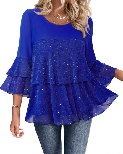 Bebonnie Womens Dressy Sparkly Tops 3/4 Sleeve Ruffles Elegant Evening Flowy Blouse