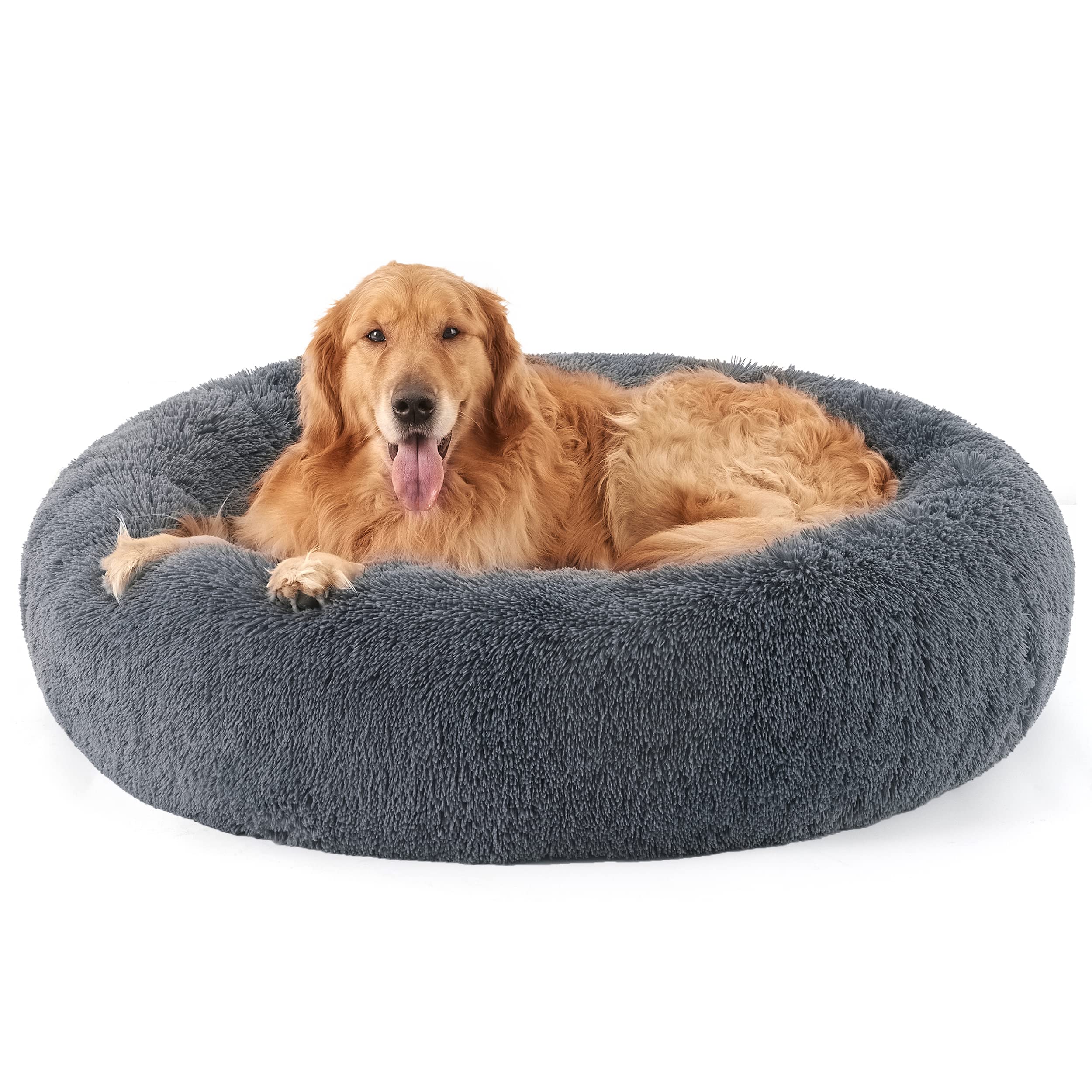 Bedsure Calming Dog Bed for Small Dogs - Donut Washable Small Pet Bed, 23 inches Anti-Slip Round Fluffy Plush Faux Fur Large Cat Bed, Fits up to 25 lbs Pets, Camel
