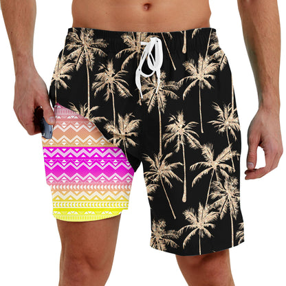 Men Swim Trunks with Compression Liner Men's 2 in 1 Bathing Suits 7 Inch Hawaiian Board Shorts