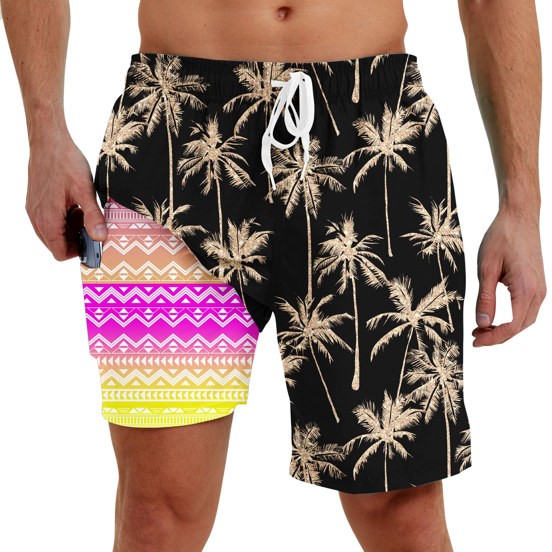 Men Swim Trunks with Compression Liner Men's 2 in 1 Bathing Suits 7 Inch Hawaiian Board Shorts
