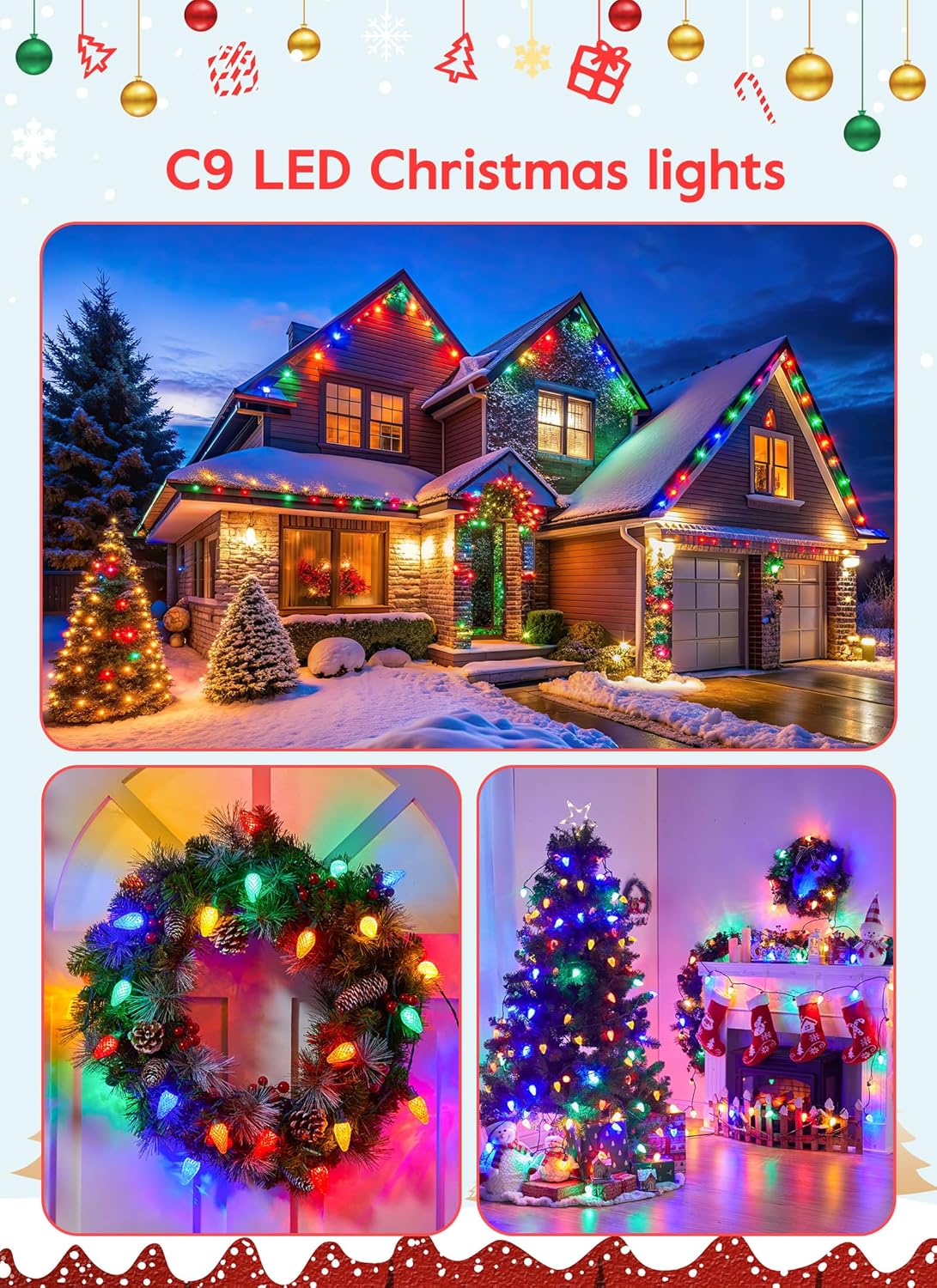 C9 Christmas Lights Outdoor, 114 Feet 150 LED C9 String Lights with Timer & 8 Light Modes, Waterproof Commercial Grade Connectable Christmas Tree Lights for Indoor Outside Roofline Patio, Multicolor