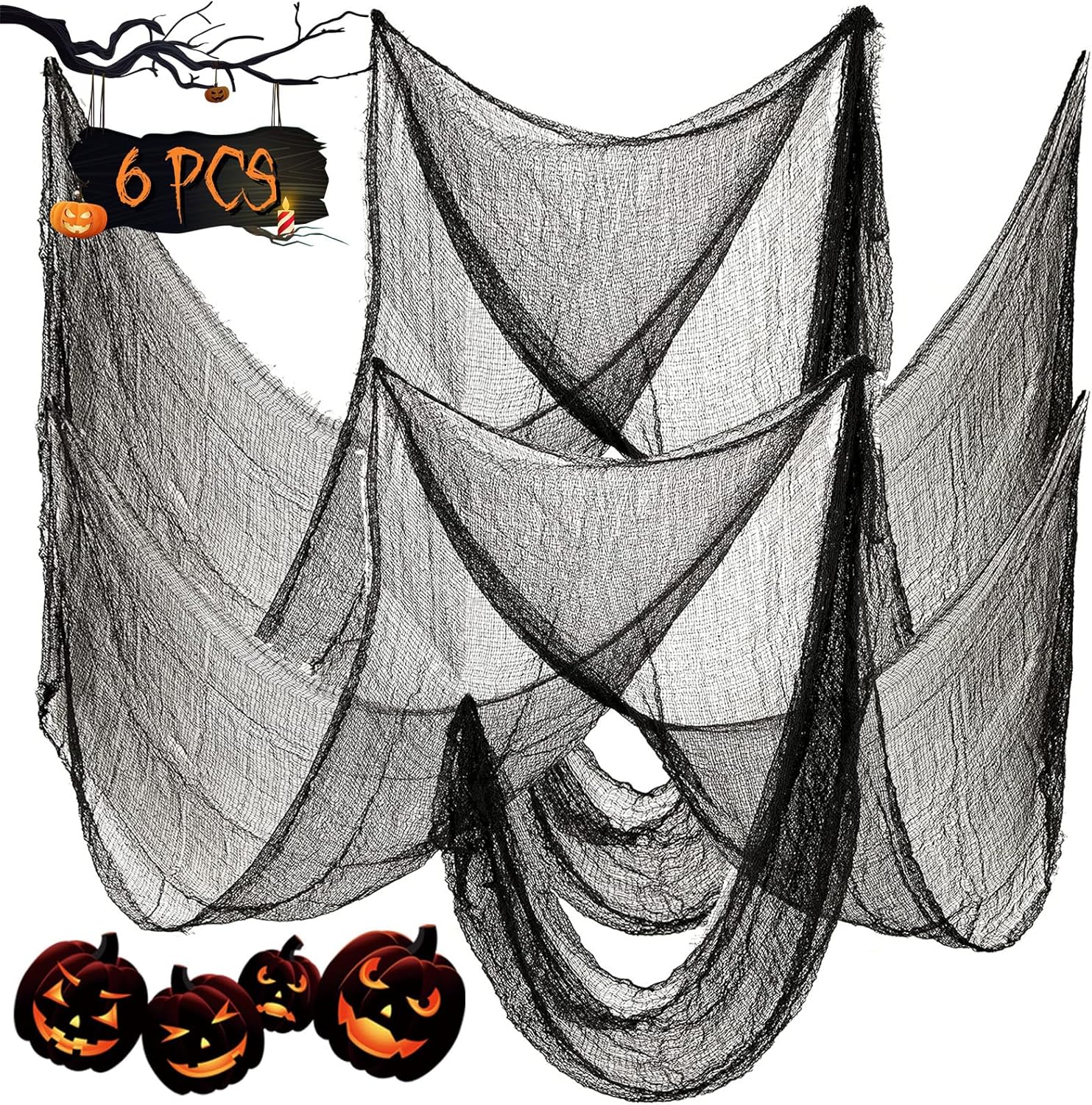 6 Pcs Halloween Decorations Creepy Cloth Indoor Outdoor, Scary Gauze Halloween Party Decoration, Spooky Home Decor Supplies for Table Tree Garden Doorways Haunted House Yard Skeleton (Black, 30"x72")