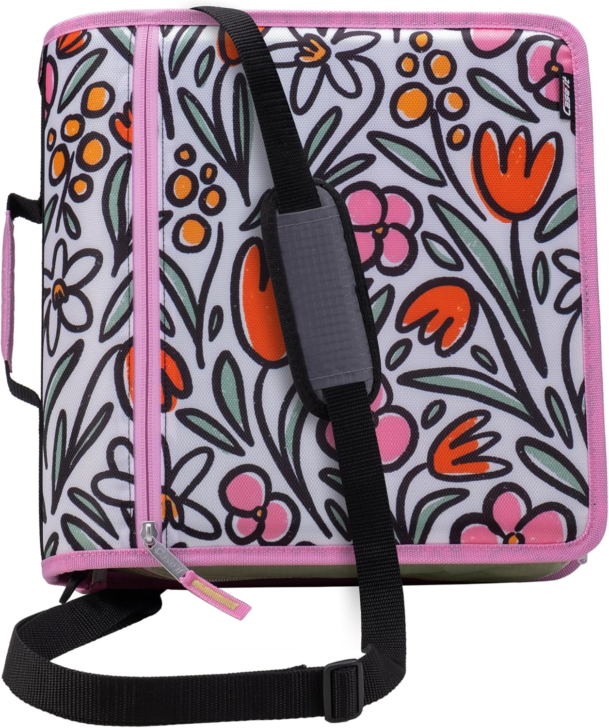 Case-it Mighty Zip Tab School Zipper Binder | 3-Inch O-Rings, 600-Sheet Capacity, 5-Subject Expanding File Folder, Multiple Pockets & Storage Organizer, Shoulder Strap | D-146 Fun Flowers