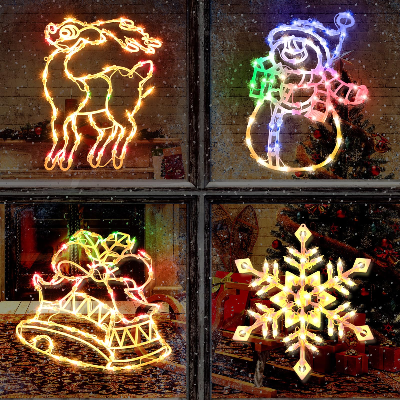 Christmas Window Silhouette Lights Decorations - Pack of 4 Sign Colour Lighted Wreath, Candy Cane, Bell, and Angel for Holiday Indoor Wall Door Glass Decor