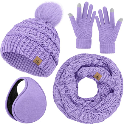 Winter Hat Scarf Gloves and Ear Warmer, Warm Knit Beanie Hat Touch Screen Gloves Set Winter Gifts Neck Scarves for Women