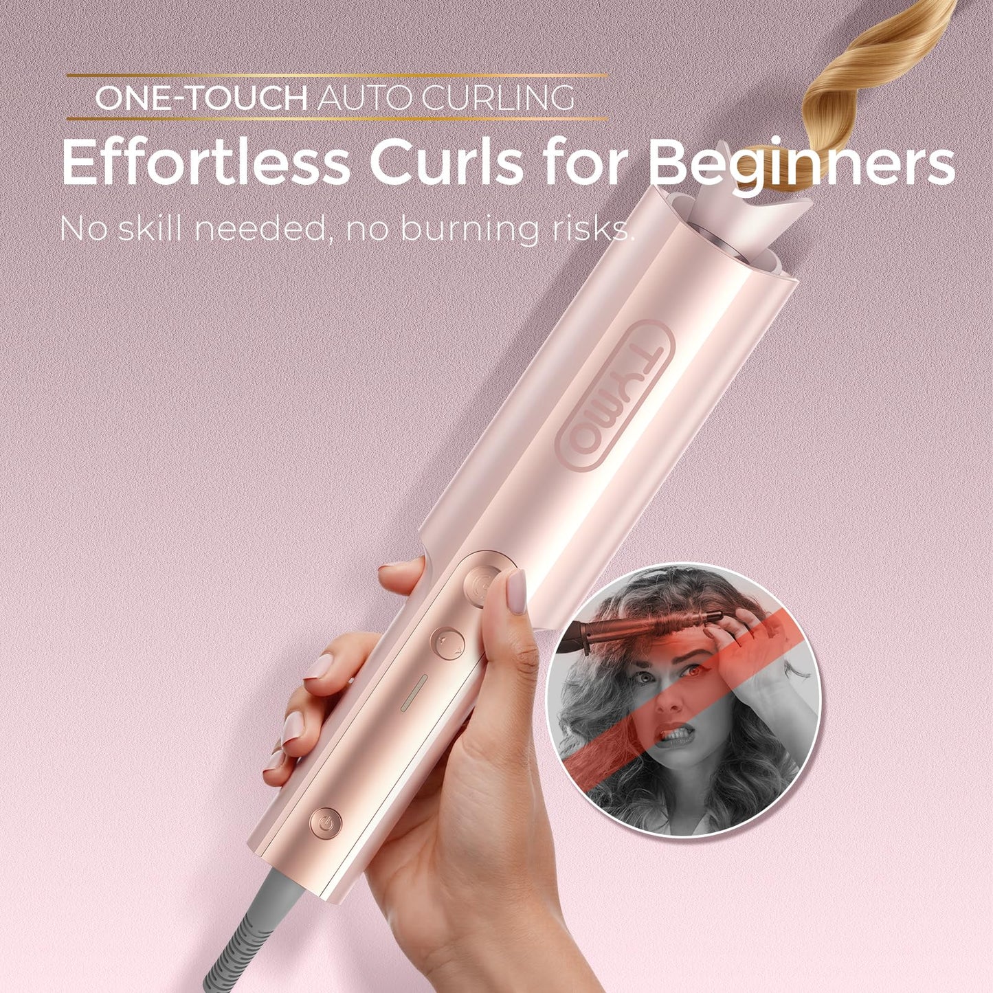 Upgraded Automatic Rotating Curling Iron - TYMO CurlPro Plus Long Barrel Curling Wand for Long Hair, Ceramic Hair Curler for Women, Anti-Scald, Tangle-Free, 600M Ionic, Dual Voltage, Gold, 1 Inch