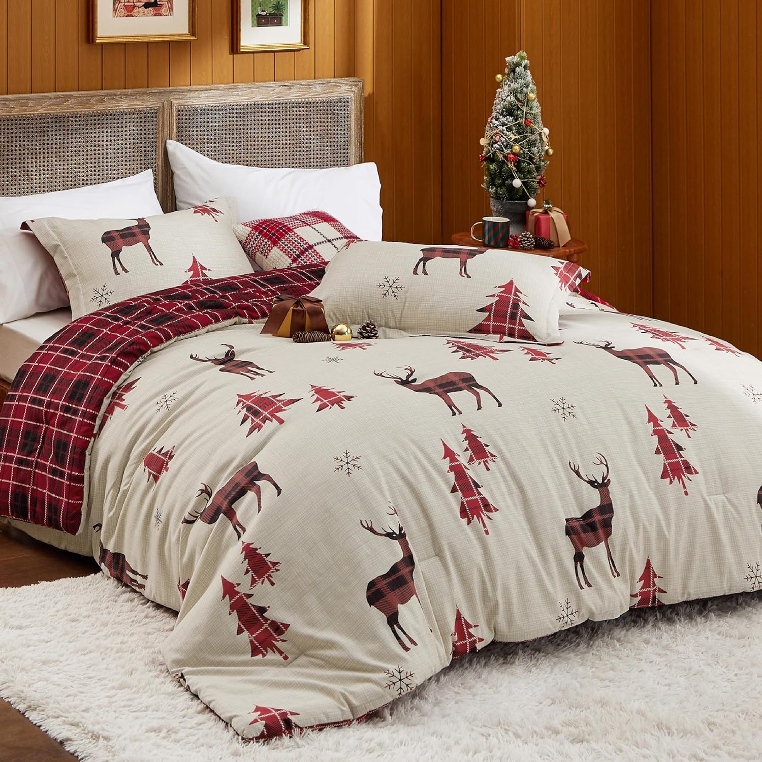 Bedsure Christmas Comforter Set Twin - Christmas Bed Set with Reindeer, Soft Bedding for Holiday, 2 Pieces, 1 Reversible Buffalo Check Printed Comforter and 1 Pillow Sham