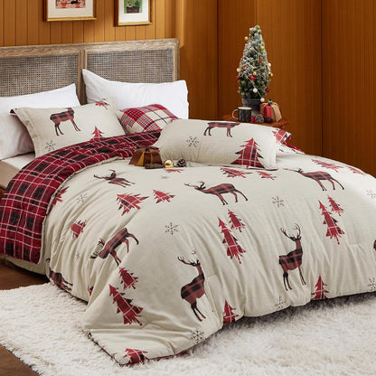 Bedsure Christmas Comforter Set Twin - Christmas Bed Set with Reindeer, Soft Bedding for Holiday, 2 Pieces, 1 Reversible Buffalo Check Printed Comforter and 1 Pillow Sham