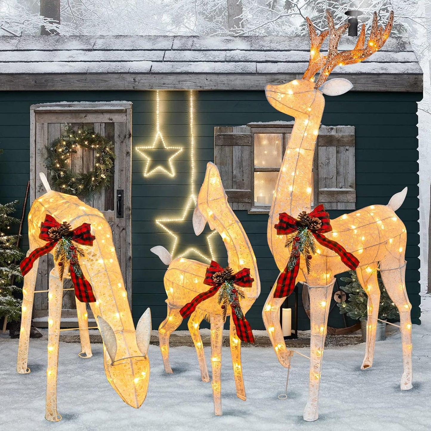 Hourleey 3-Piece Pre-Lit Reindeer Family Set, 3D Plug in 170 Count Warm White Lighted Decoration, Waterproof Outdoor Christmas Deer Decor for Yard, Patio, Lawn, Garden, Party