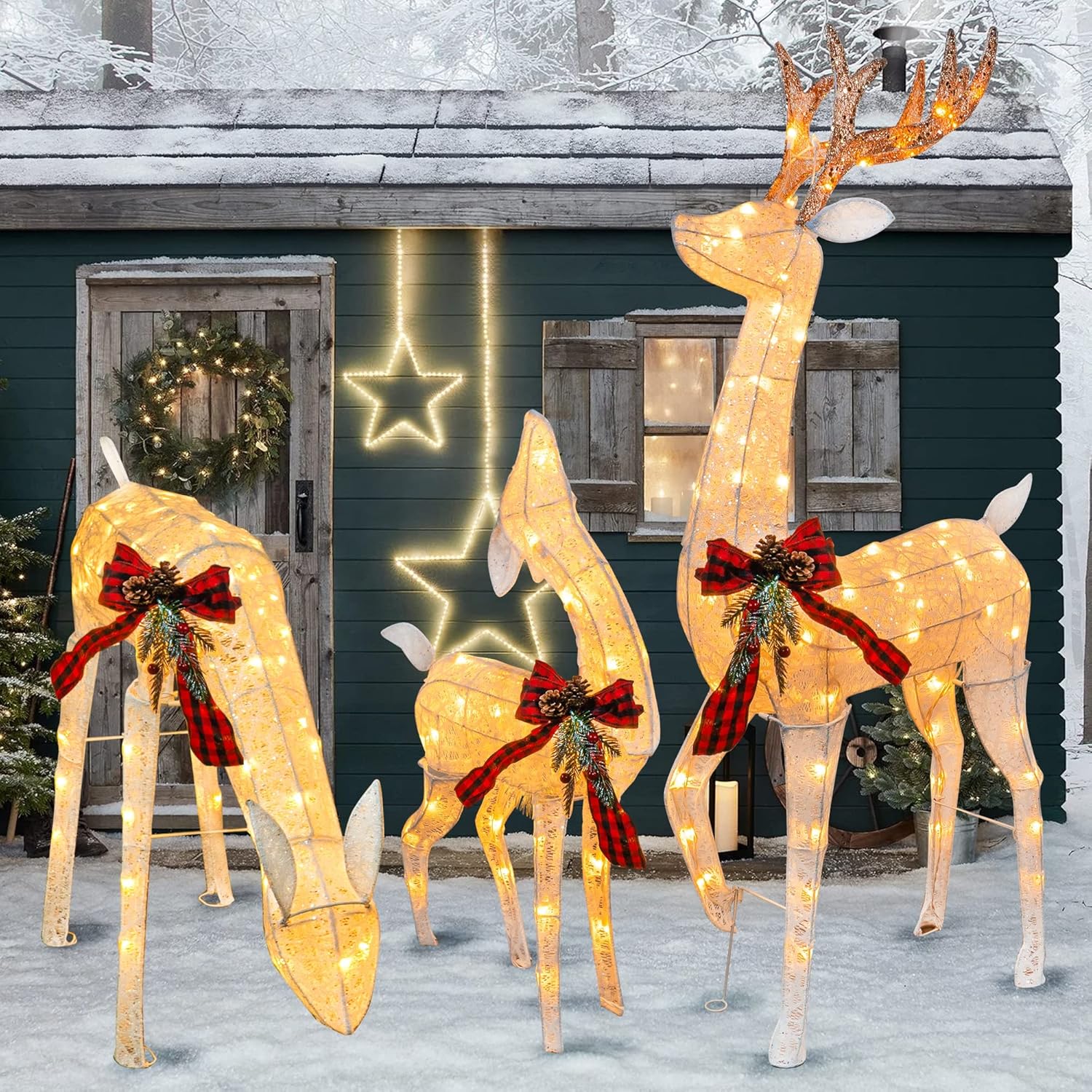 Hourleey 3-Piece Pre-Lit Reindeer Family Set, 3D Plug in 170 Count Warm White Lighted Decoration, Waterproof Outdoor Christmas Deer Decor for Yard, Patio, Lawn, Garden, Party