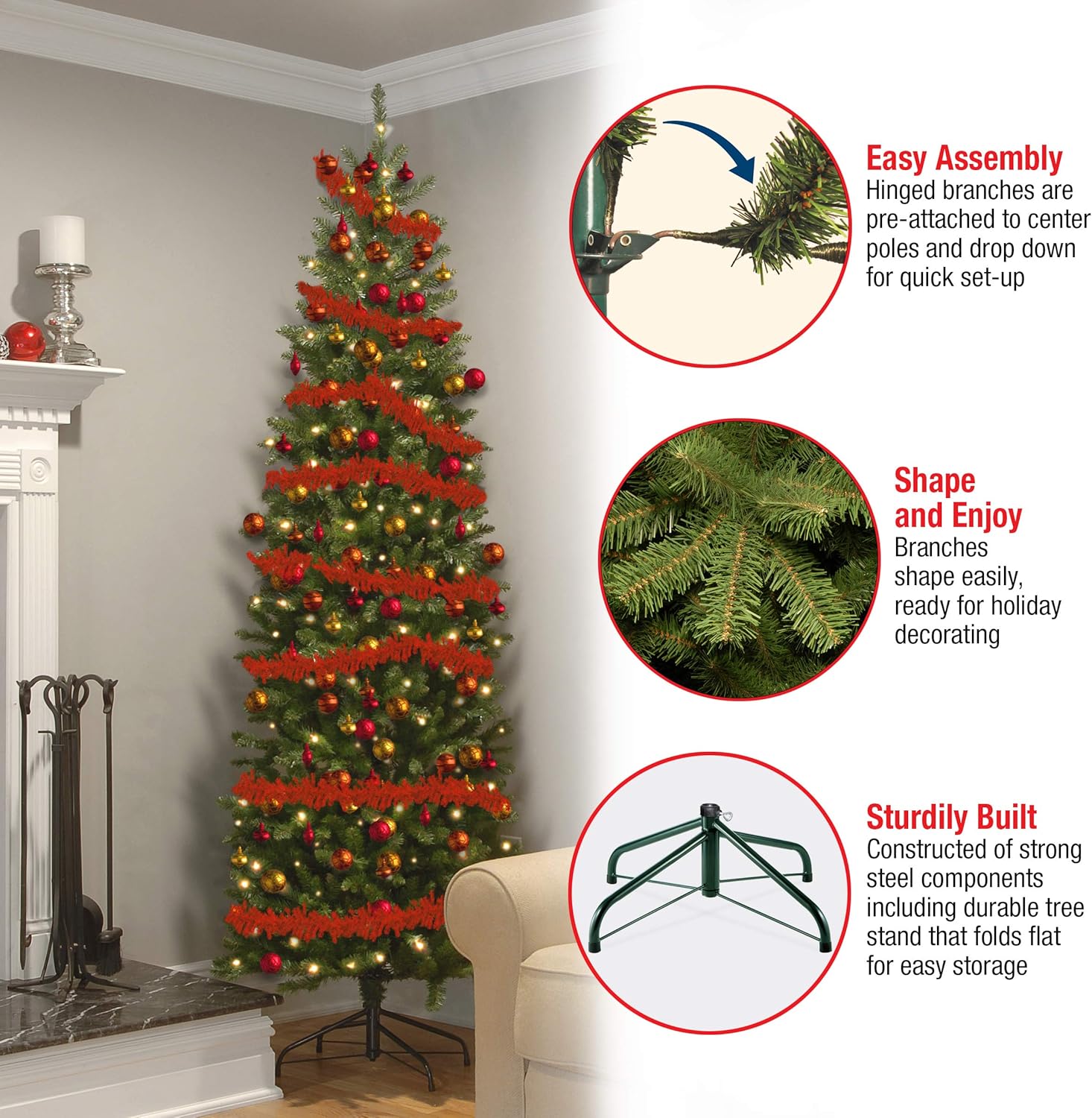 National Tree Company 7 ft Pre-Lit Kingswood Fir Slim Artificial Christmas Tree, 300 Clear Lights, 892 Tips, Includes Stand, Green