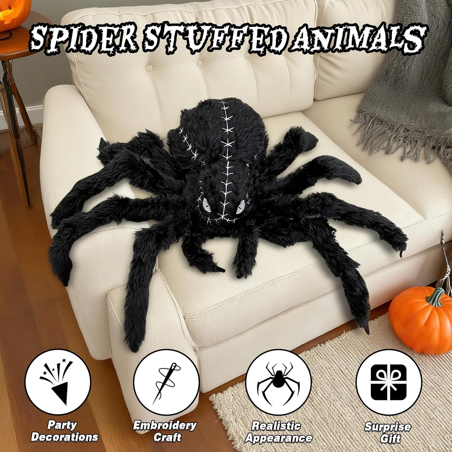 Halloween Spider Plush - 34.6 Inch Large Black Soft Spider Pillow Stuffed Animal for Halloween Decor, Party Scary Props, Prank Birthday Gifts for Kids and Adults