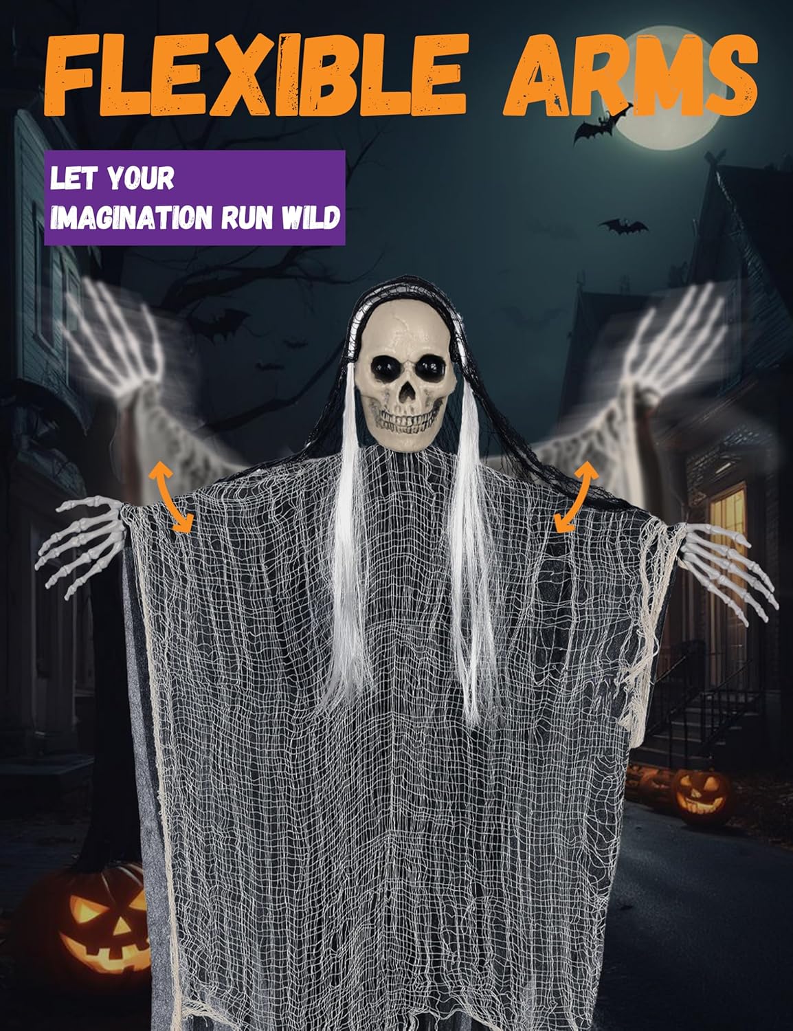 3 Pack Hanging Halloween Skeleton Ghosts Decor - Grim Reapers Flying Ghost with Adjustable Arms for Haunted House Prop Party Indoor Halloween Decorations Outdoor