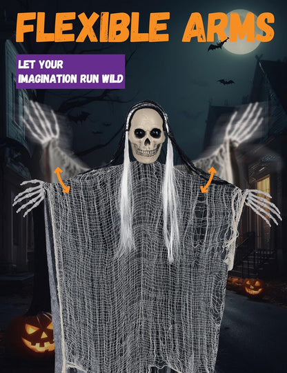 3 Pack Hanging Halloween Skeleton Ghosts Decor - Grim Reapers Flying Ghost with Adjustable Arms for Haunted House Prop Party Indoor Halloween Decorations Outdoor