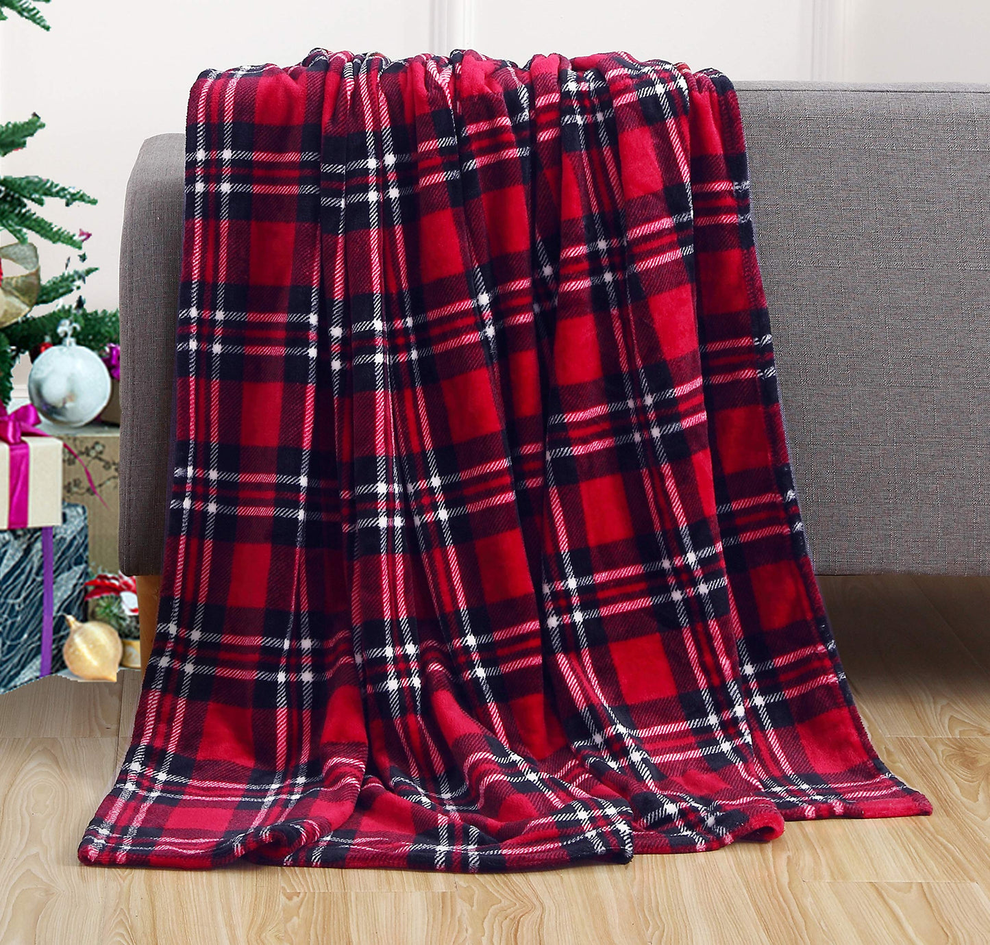 Elegant Comfort Luxury Velvet Super Soft Christmas Prints Fleece Blanket-Holiday Theme Home Décor Fuzzy Warm and Cozy Throws for Winter Bedding, Couch and Gift, 50 x 60 inch, Burgundy Reindeer