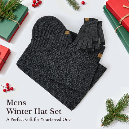 Mens Winter Beanie Hat Touchscreen Gloves Long Scarf 3 Set with Warm Fleece Lined Knit Cap Scarves for Men Women