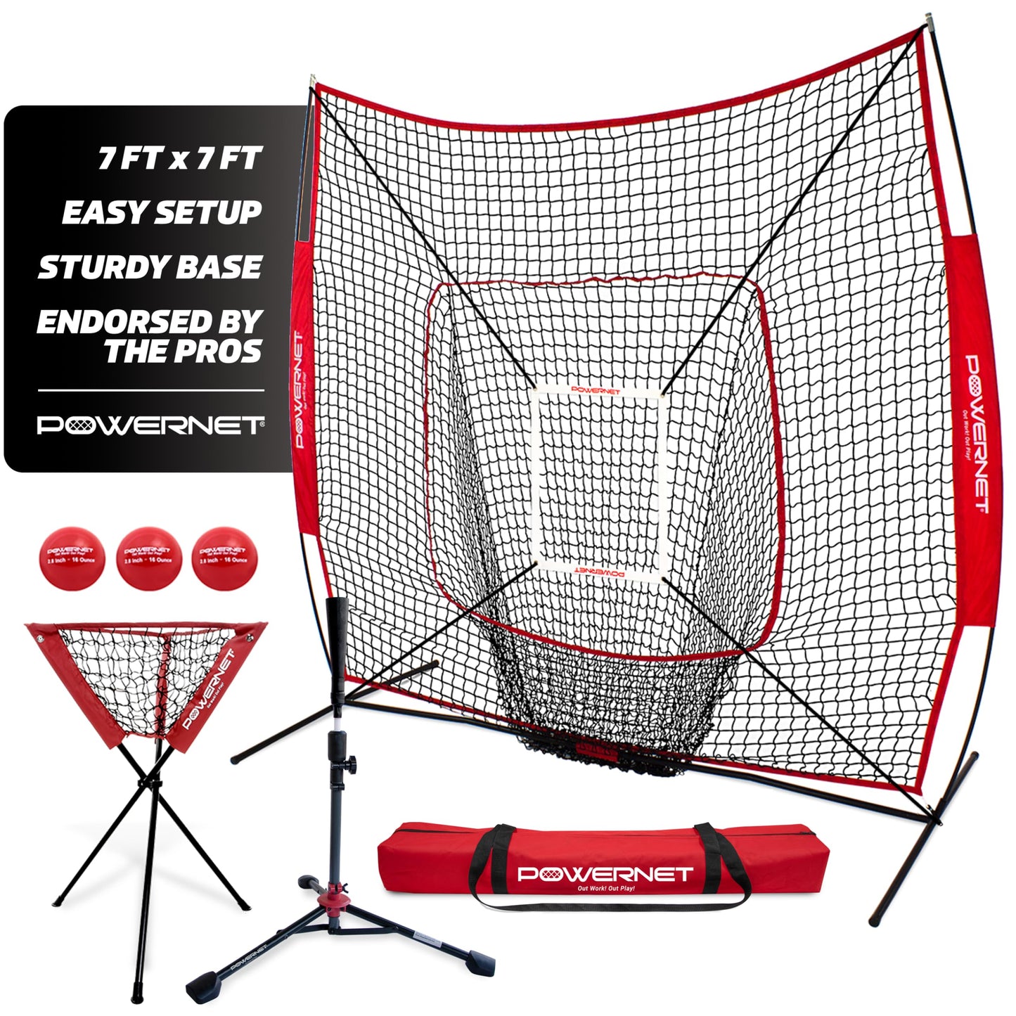 PowerNet Baseball Softball Practice Net 7x7 with Baseball Accessories for Practice Pitching, Batting & Fielding, Ball Caddy, Weighted Baseballs, Tee