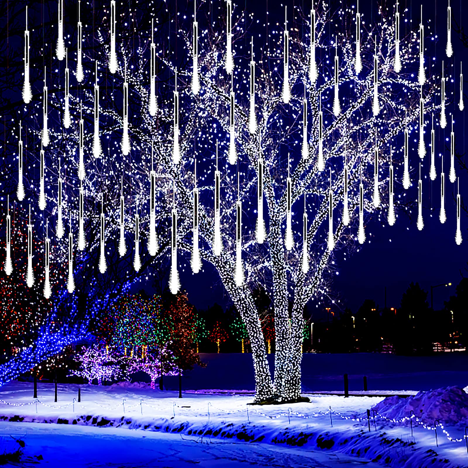 Kwaiffeo Outdoor Christmas Decorations, Waterproof 16-Tube Meteor Shower Lights for Xmas Wedding Party Hanging Decor, Wedding Decorations for Reception, Equivalent to 2 Sets of 8-Tubes, White