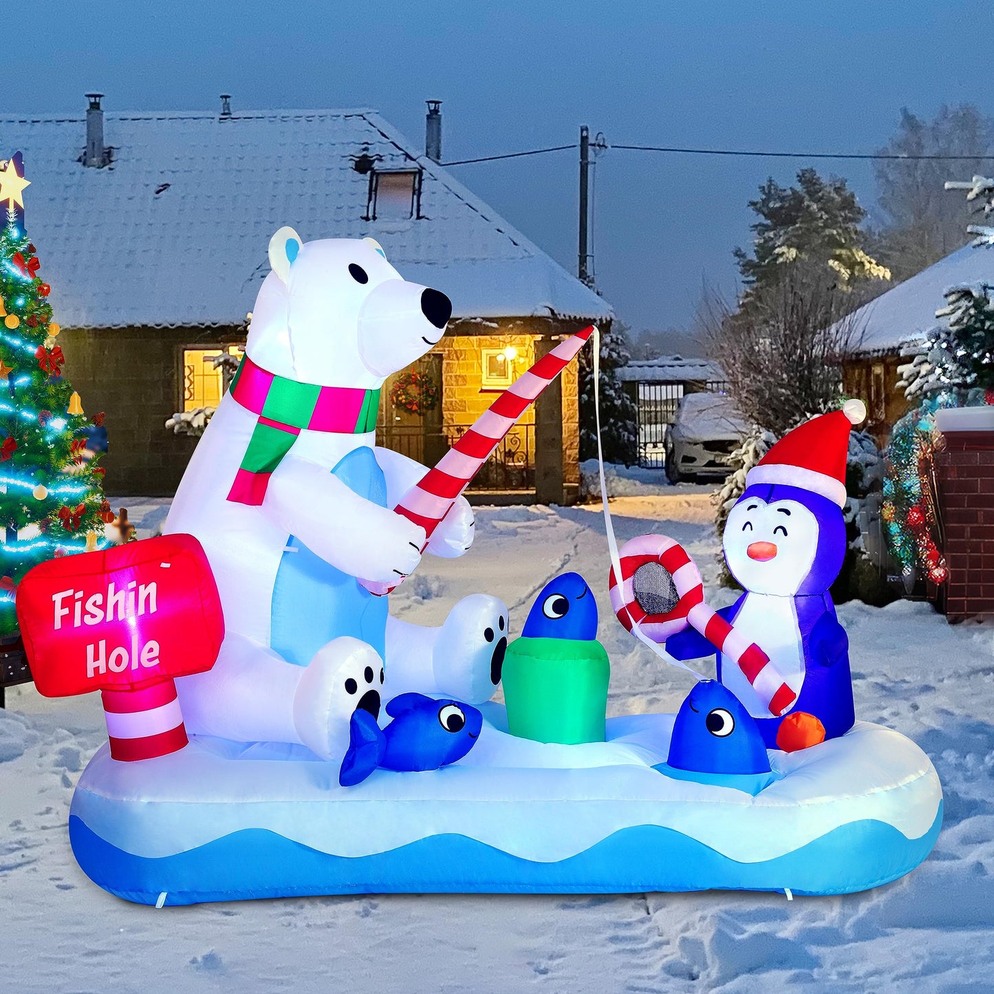 Joiedomi 6 FT Long Christmas Inflatable Polar Bear and Penguin with Campfire Decoration, Blow Up Yard Decoration Christmas Inflatable with Build-in LEDs Blow Up for Xmas Party, Lawn, Winter Décor