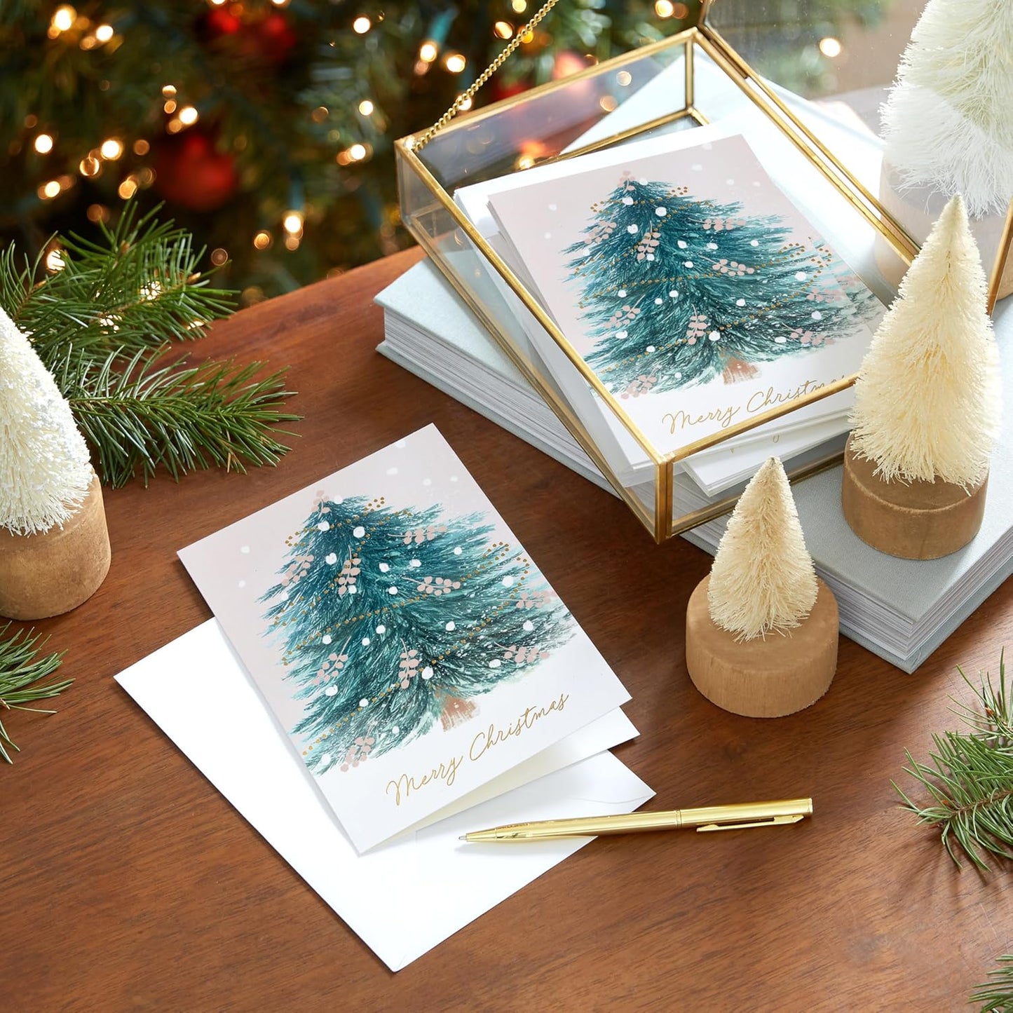 Hallmark Blush Pink Holiday Boxed Cards (16 Cards and 16 Envelopes) Gold and Pink Artistic Tree, Merry Christmas