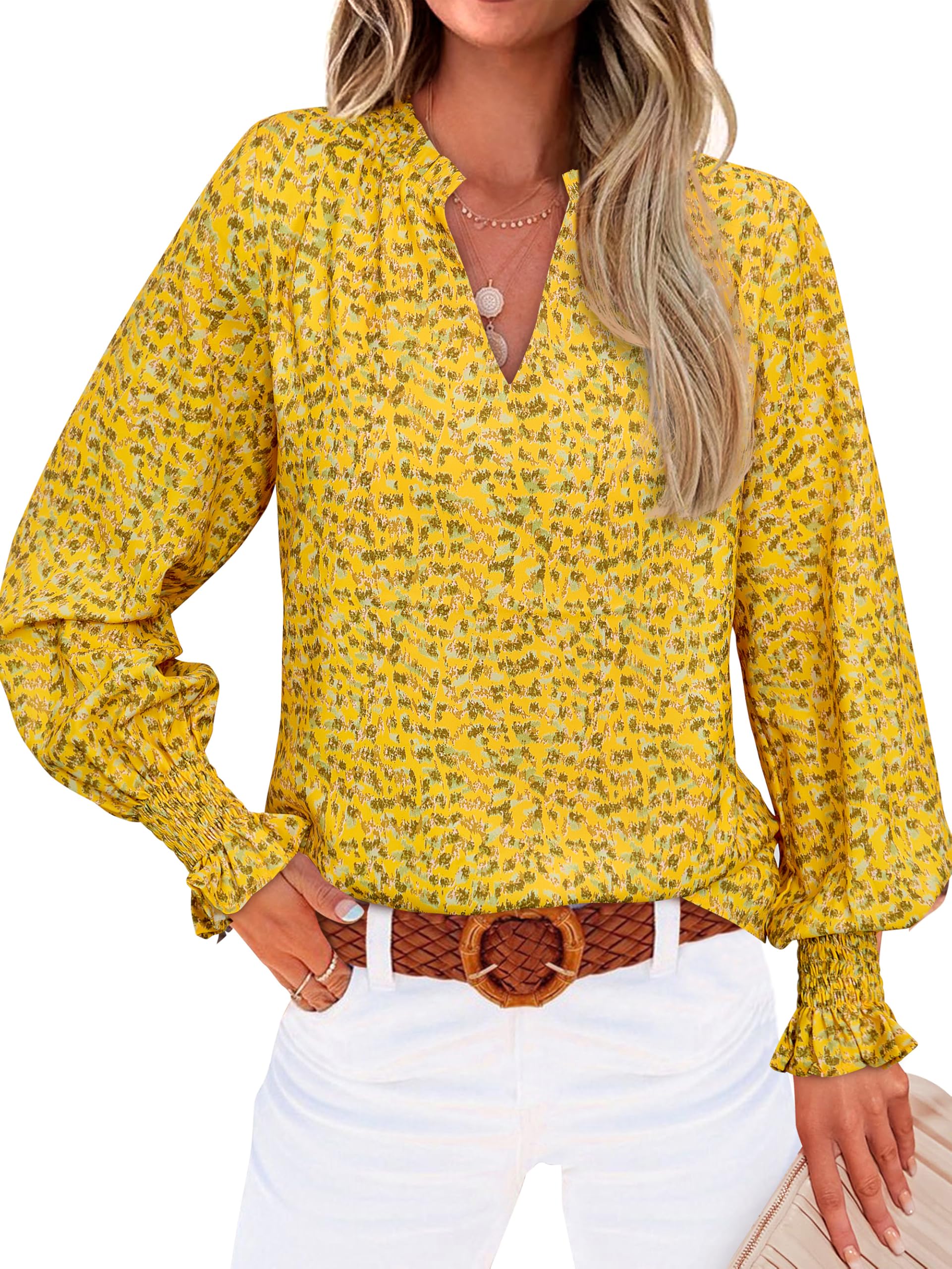 MASCOMODA Womens V Neck Floral Long Sleeve Tops 2025 Summer Casual Loose Puff Sleeve Chiffon Boho Work Blouse Dressy T Shirts