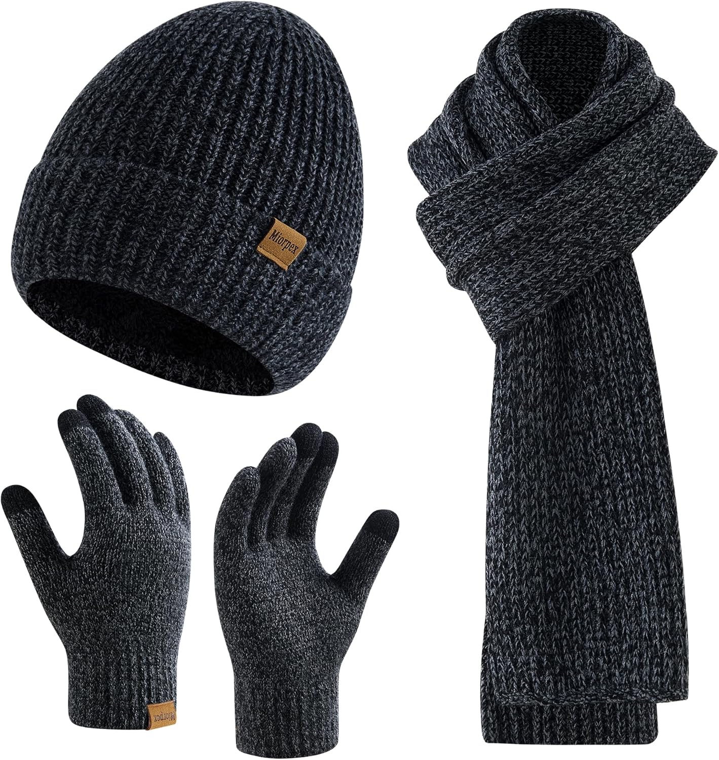Mens Winter Beanie Hat Touchscreen Gloves Long Scarf 3 Set with Warm Fleece Lined Knit Cap Scarves for Men Women