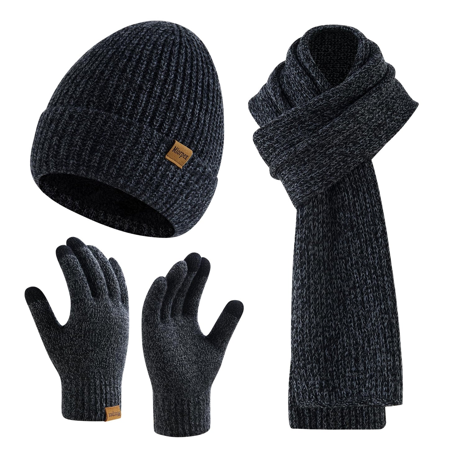 Mens Winter Beanie Hat Touchscreen Gloves Long Scarf 3 Set with Warm Fleece Lined Knit Cap Scarves for Men Women