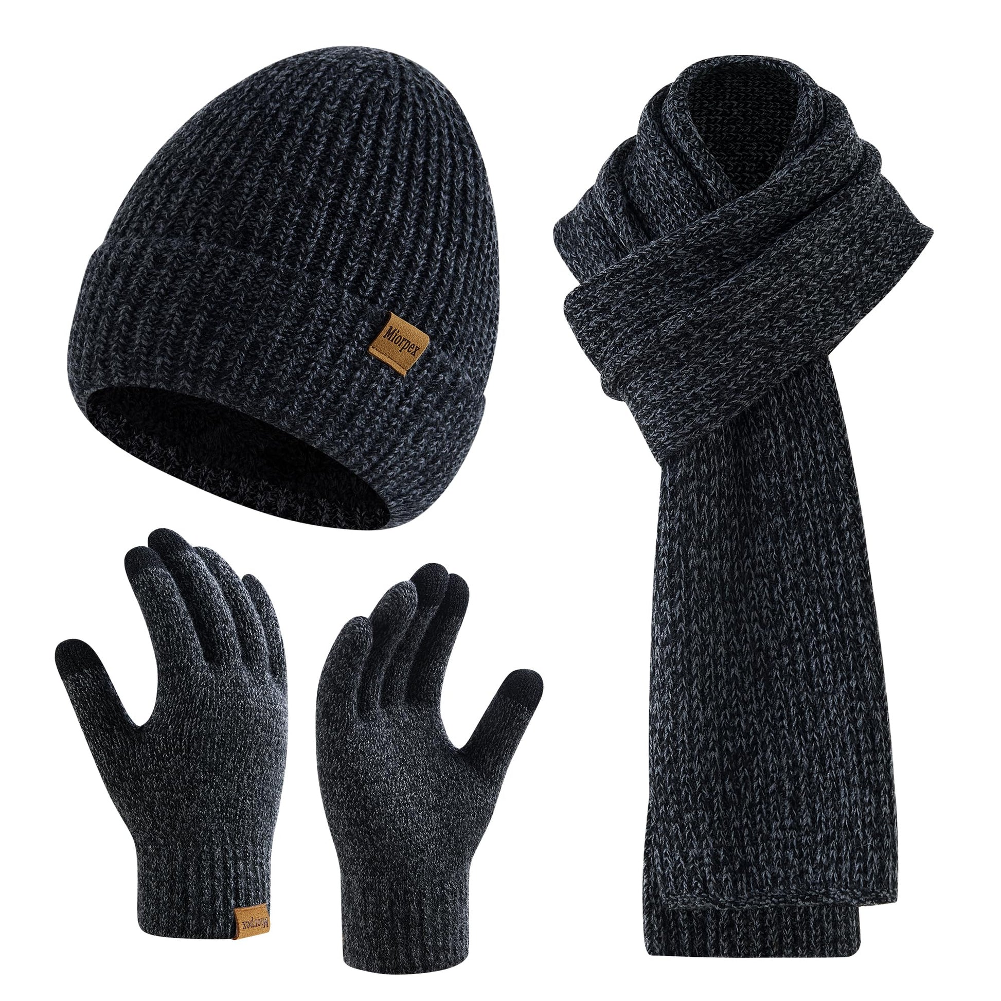 Mens Winter Beanie Hat Touchscreen Gloves Long Scarf 3 Set with Warm Fleece Lined Knit Cap Scarves for Men Women