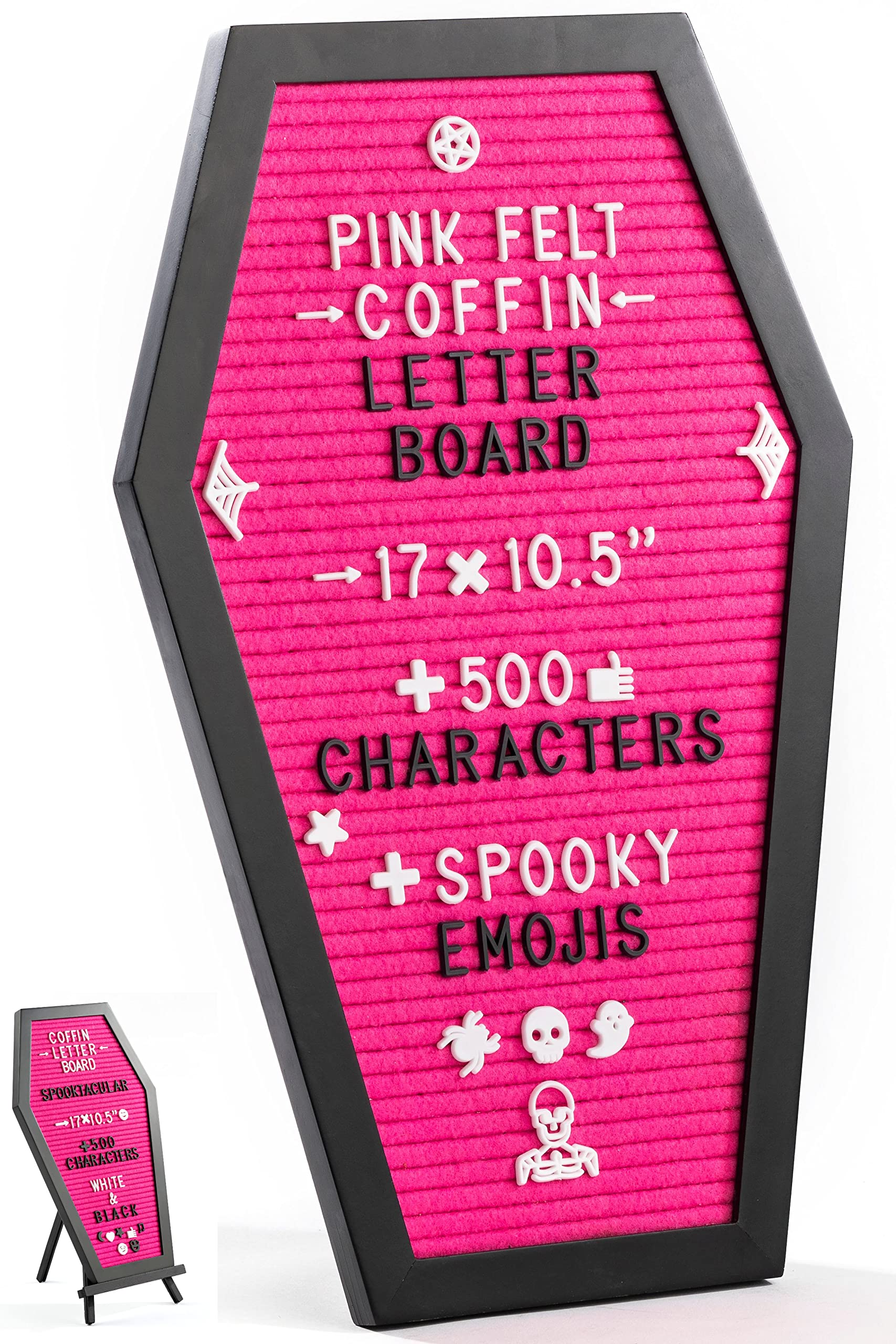 Coffin Letter Board Black +3D Bat Stickers +650 Characters, Spooky & Seasonal Emojis, Wooden Stand - 17x10.5 Inches - Coffin Shaped Goth Decor Sign Witchy Halloween Decorations Gothic Decor Birthday Wedding Home Spooky Gifts