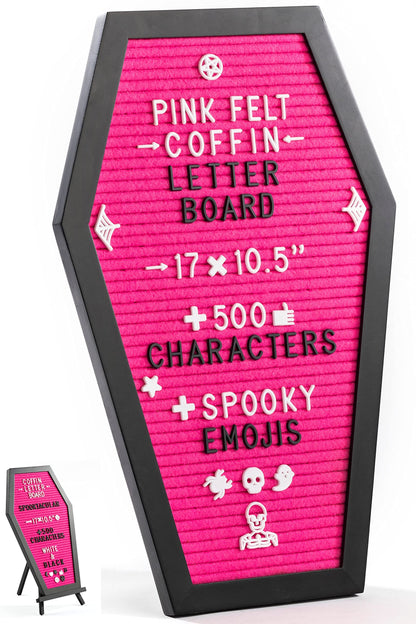 Coffin Letter Board Black +3D Bat Stickers +650 Characters, Spooky & Seasonal Emojis, Wooden Stand - 17x10.5 Inches - Coffin Shaped Goth Decor Sign Witchy Halloween Decorations Gothic Decor Birthday Wedding Home Spooky Gifts