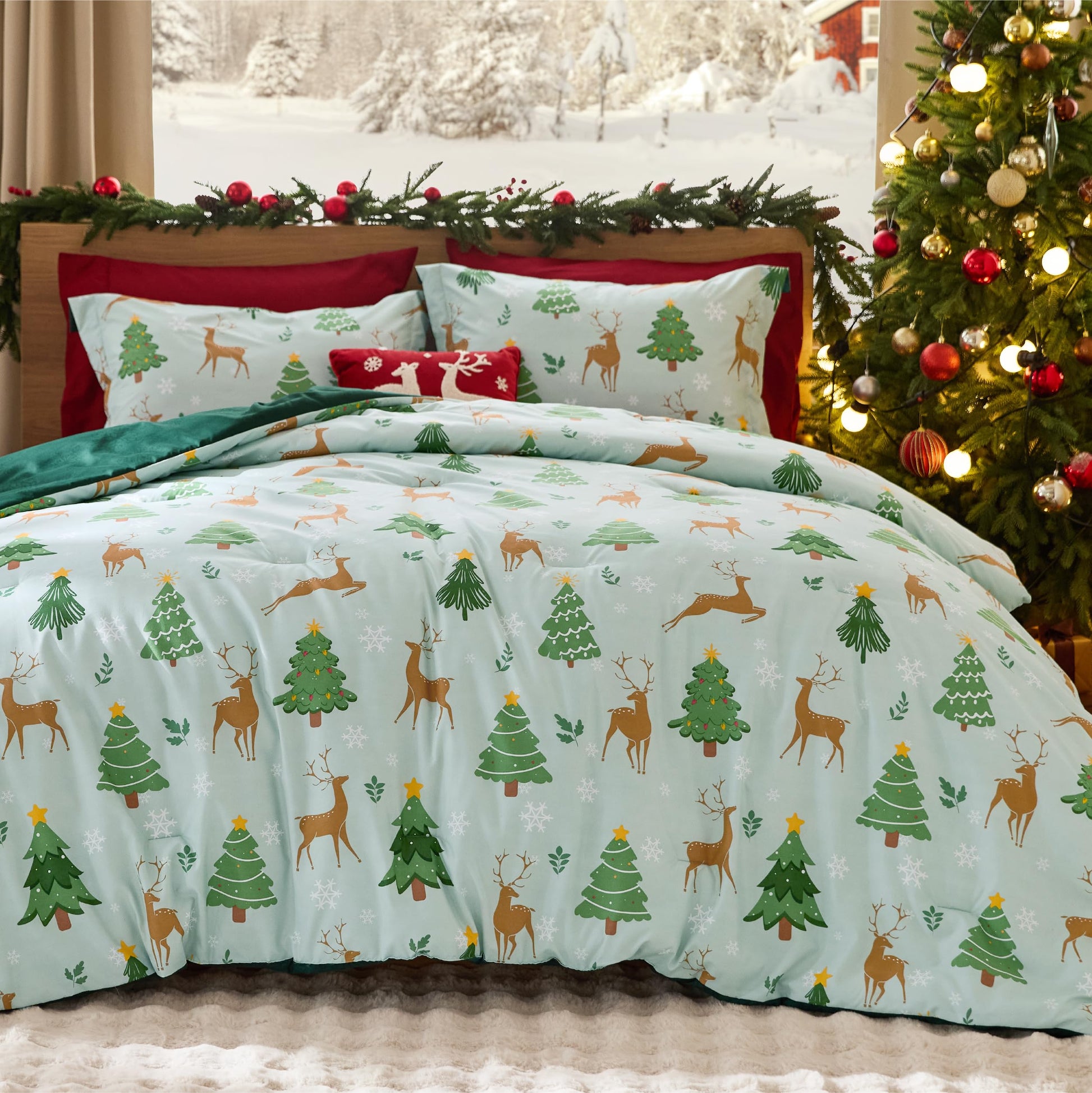 Bedsure Christmas Comforter Set Twin - Christmas Bed Set with Reindeer, Soft Bedding for Holiday, 2 Pieces, 1 Reversible Buffalo Check Printed Comforter and 1 Pillow Sham