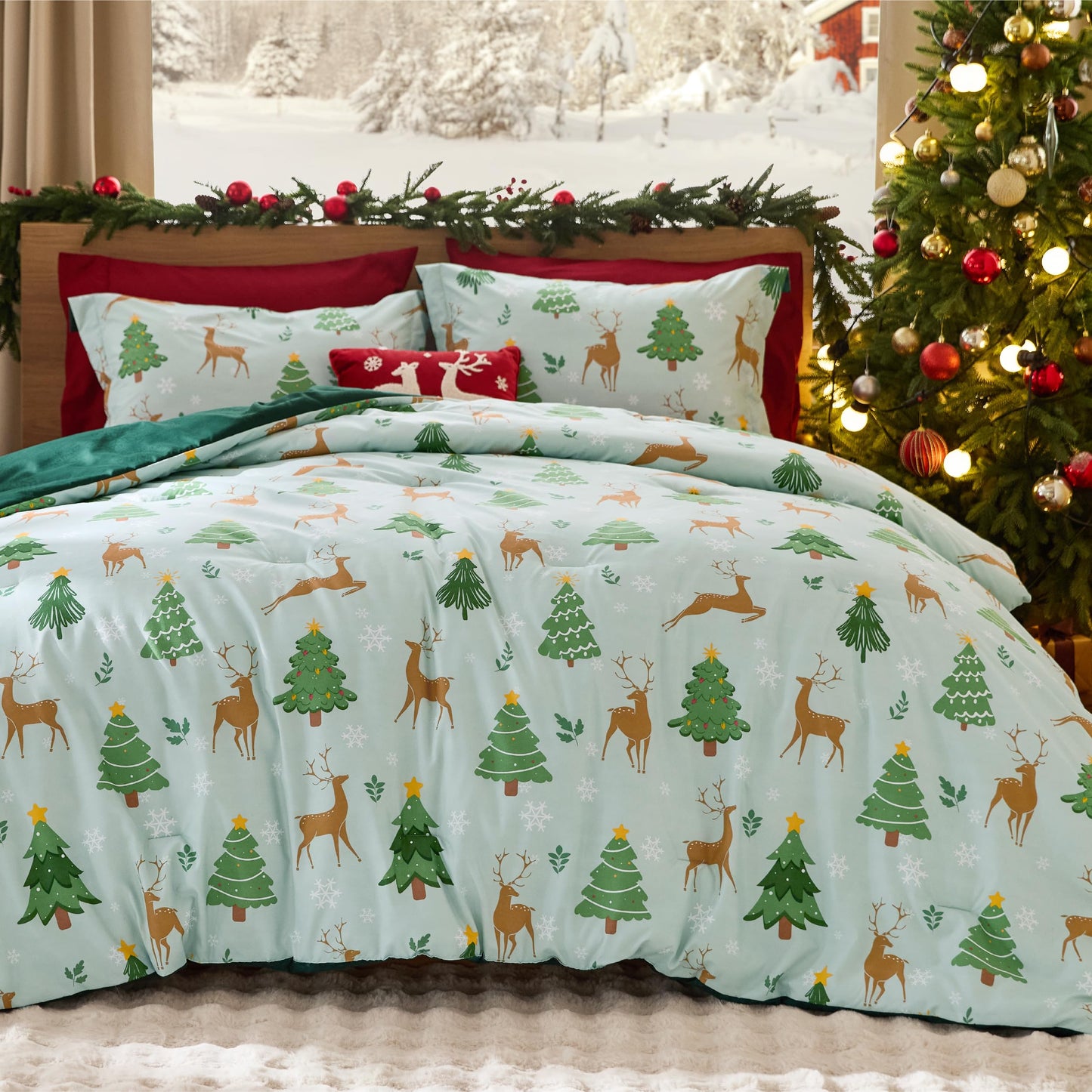 Bedsure Christmas Comforter Set Twin - Christmas Bed Set with Reindeer, Soft Bedding for Holiday, 2 Pieces, 1 Reversible Buffalo Check Printed Comforter and 1 Pillow Sham