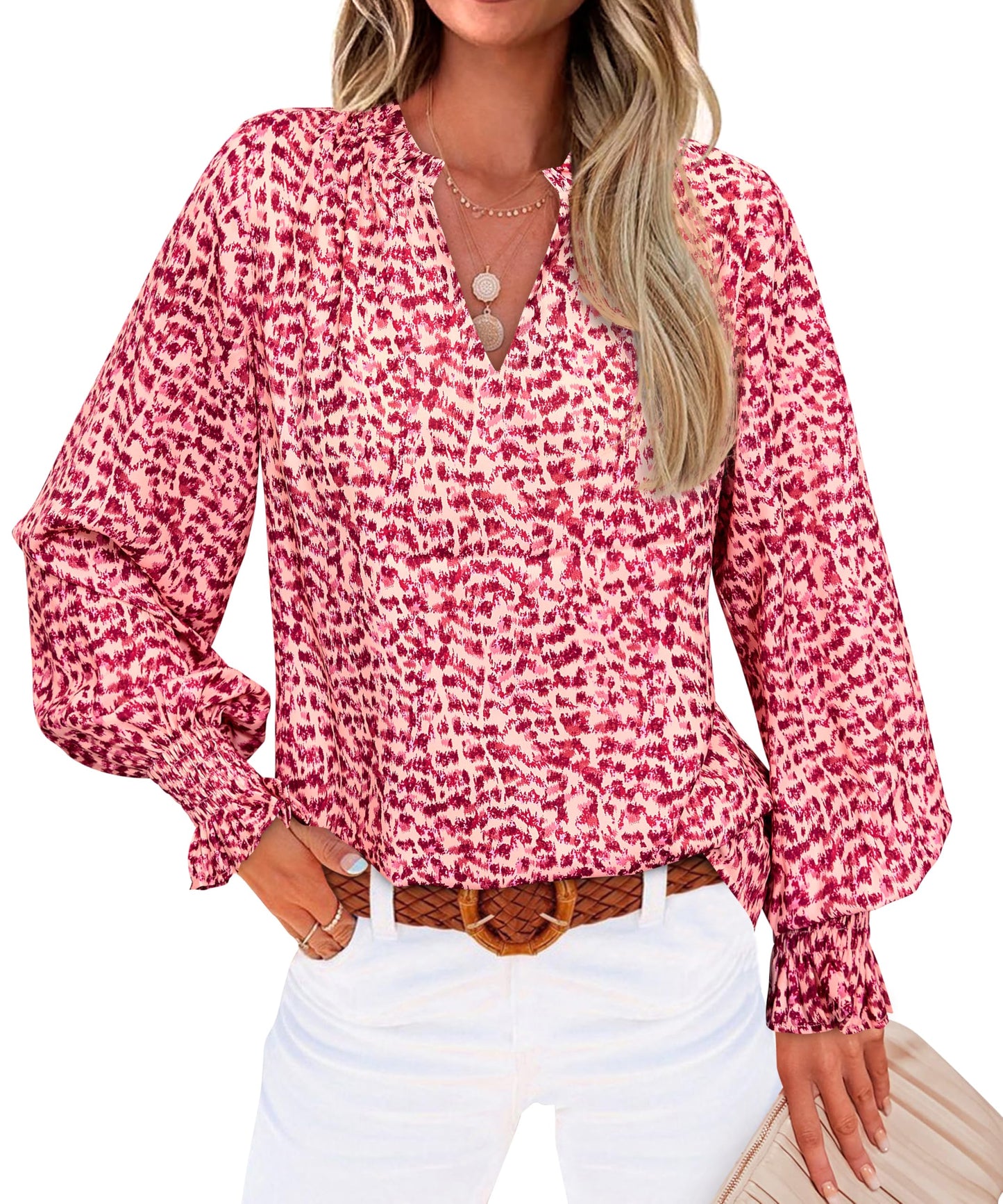 MASCOMODA Womens V Neck Floral Long Sleeve Tops 2025 Summer Casual Loose Puff Sleeve Chiffon Boho Work Blouse Dressy T Shirts