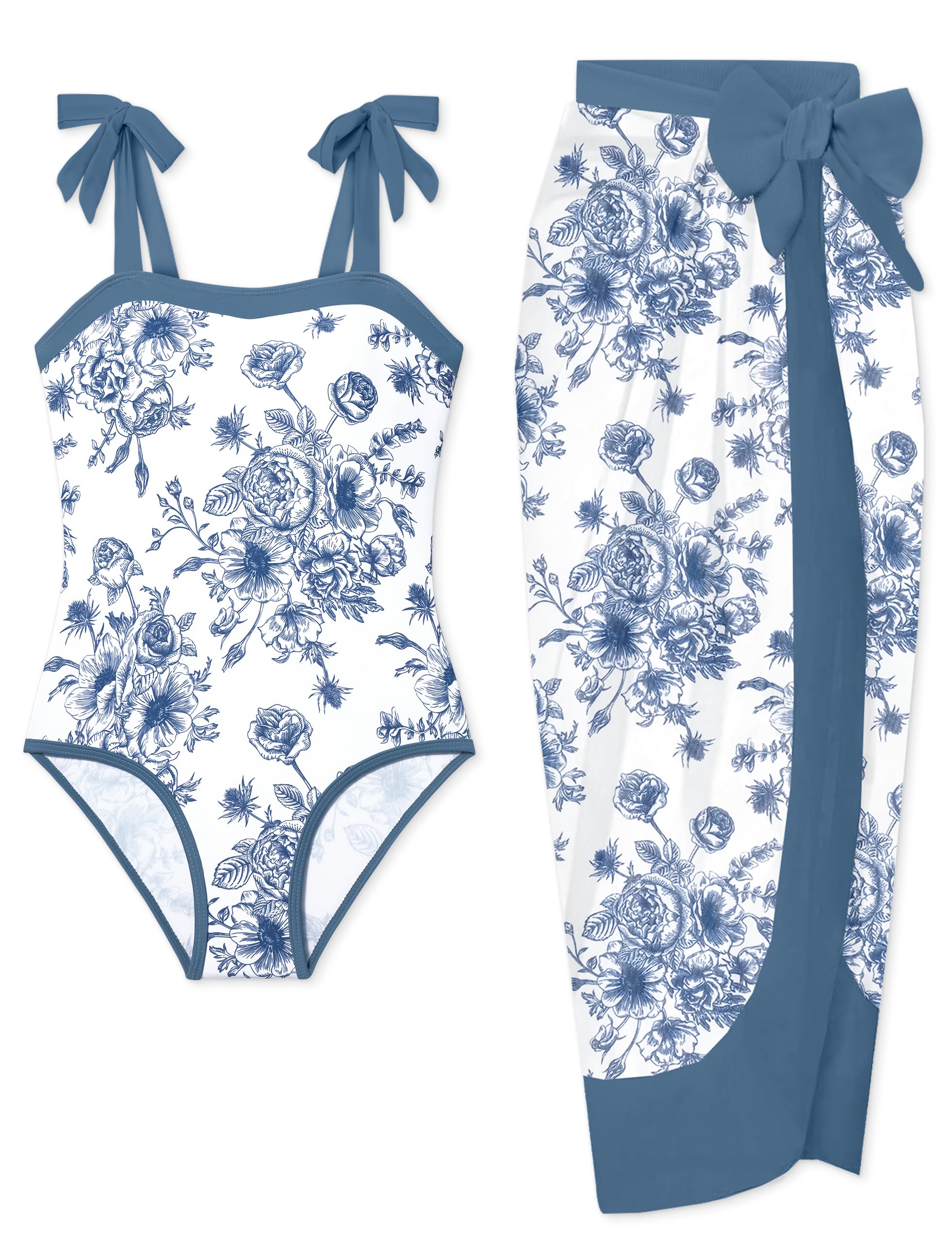 Girls Swimsuit, Adjustable Straps Cut Out One Piece Bathing Suit with Solid Color Cover Up Skirt Girls' Swimwear