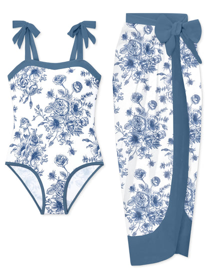 Girls Swimsuit, Adjustable Straps Cut Out One Piece Bathing Suit with Solid Color Cover Up Skirt Girls' Swimwear