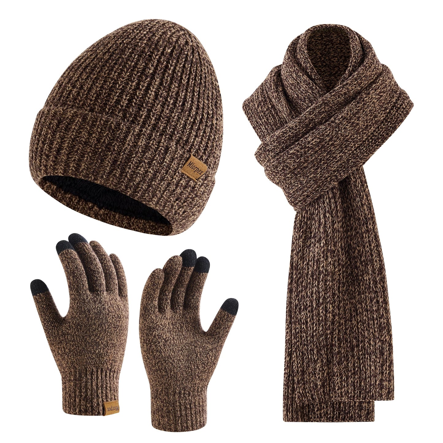 Mens Winter Beanie Hat Touchscreen Gloves Long Scarf 3 Set with Warm Fleece Lined Knit Cap Scarves for Men Women