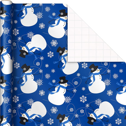 Image Arts Blue Christmas Wrapping Paper with Cut Lines on Reverse (4 Rolls: 120 sq. ft. ttl) Snowmen, Snowflakes, Blue and White Stripes